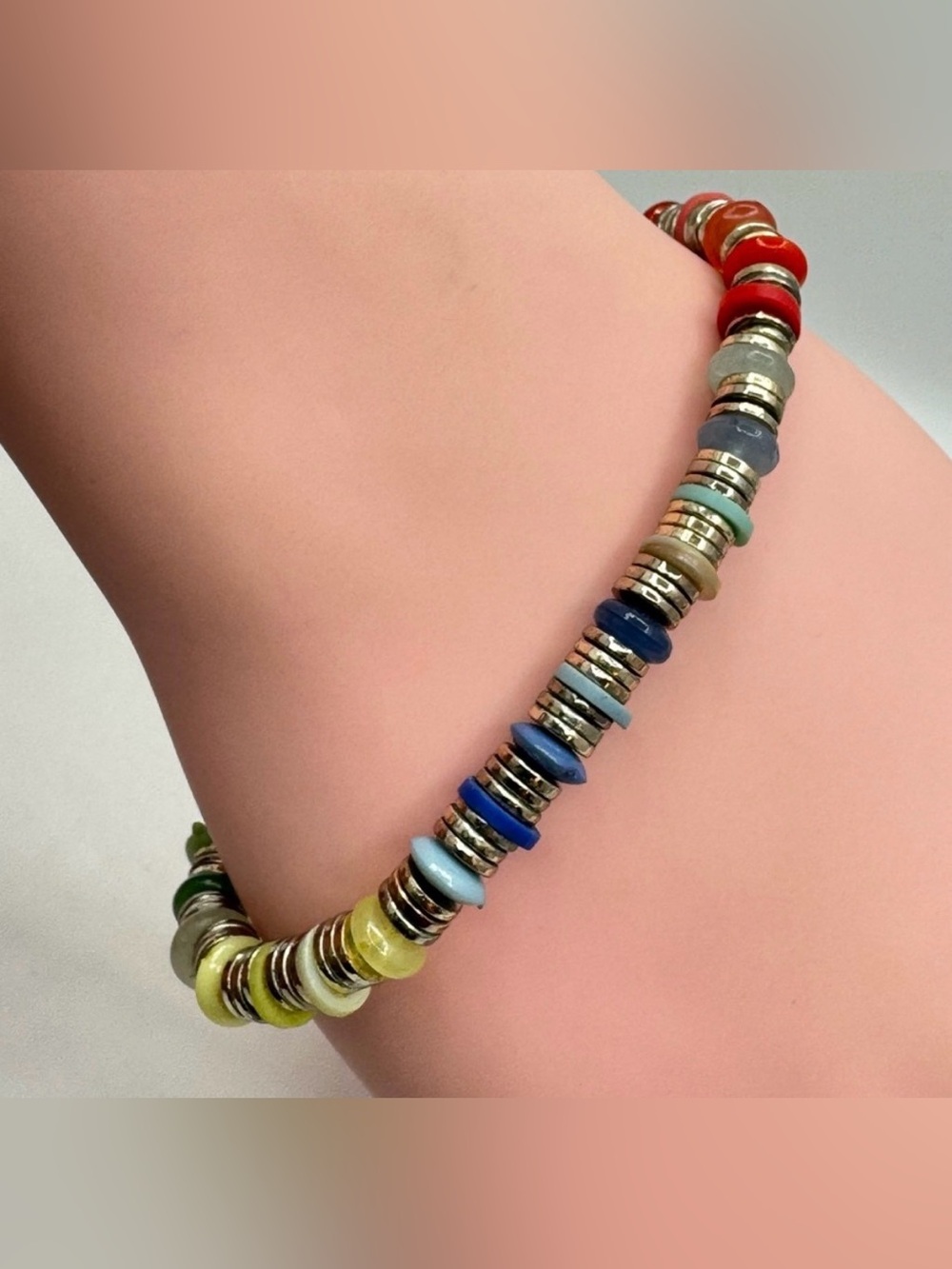 LOFT Multicolor Beaded Bracelet Silver Tone Stretch Disk Beads